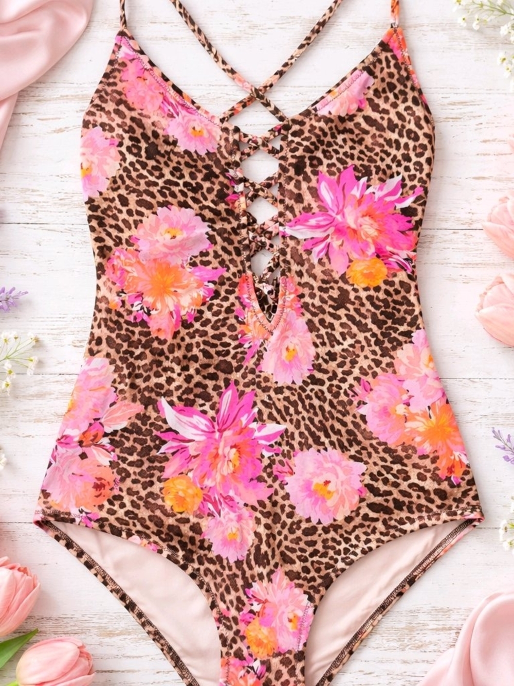 Floral Leopard Lace-Up One-Piece Swimsuit - Pink & Brown